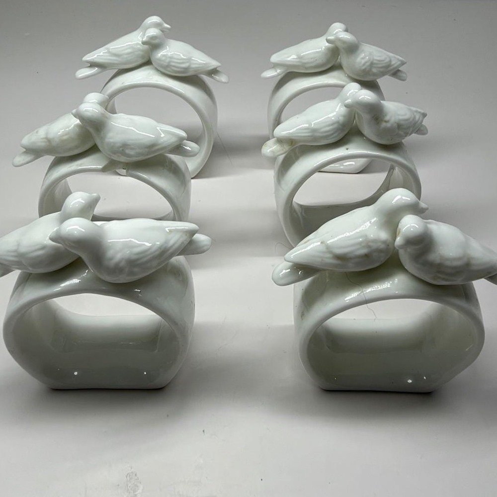 Vintage Audrey Bone China Lovebird Napkin Rings Set of 6 White Doves Taiwan